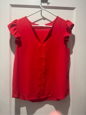 mine Red V-Neck Ruffle Sleeve Blouse